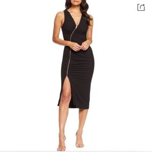 Dress the population ivy black ruched zipper front dress size small